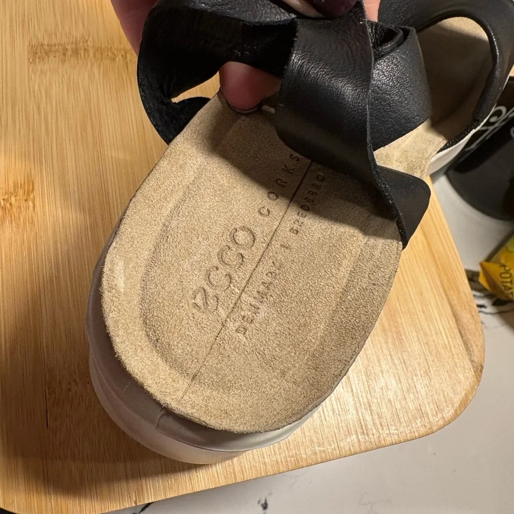 Ecco Black Leather Slides with Tan Footbed